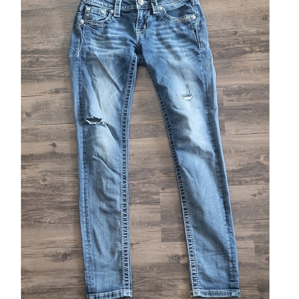 Miss Me Signature Skinny Jeans Distressed Ripped Knee Medium Wash Womens 25